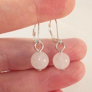 Silver Natural 8mm White Jade Gemstone Bead Dangle Earrings AAA Party Gift